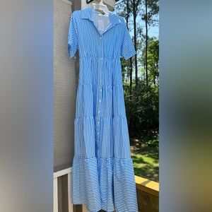 Blue/white striped Ryabe maxi length tiered shirtwaist dress. New with tags
